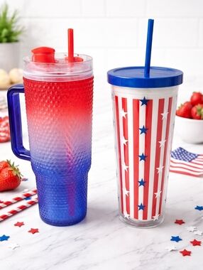 Patriotic Red & Blue Reusable Drink Tumbler with Straw